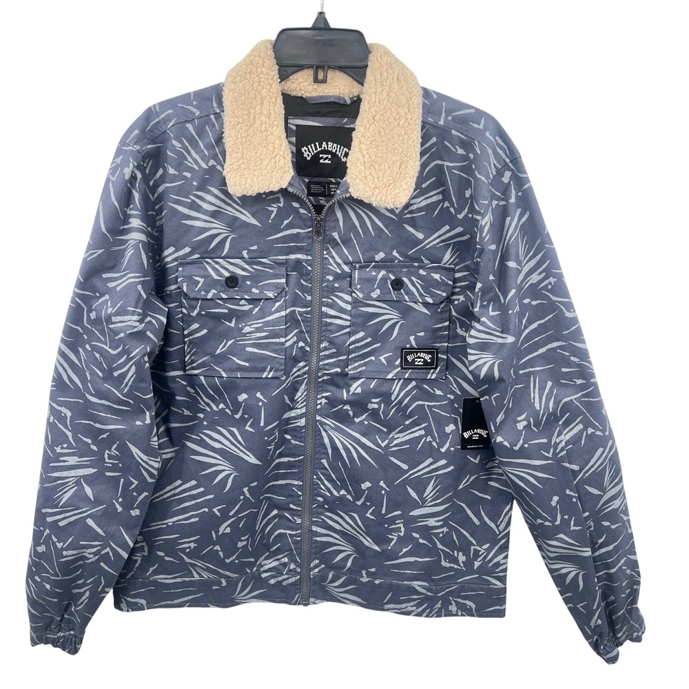 Billabong Xander Jacket Size S Blue Palm Print Sherpa Collar Canvas Workwear Zip